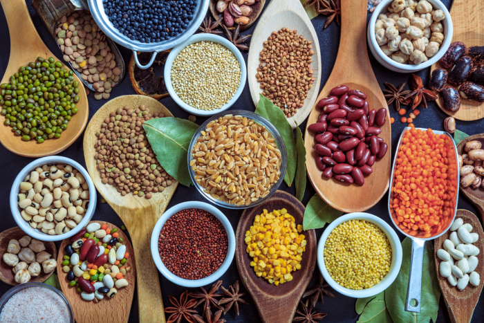 A selection of pulse foods laid out flat