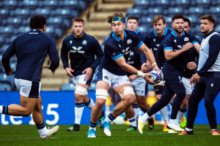 Scotland players warming up before their Guinness Six Nations game